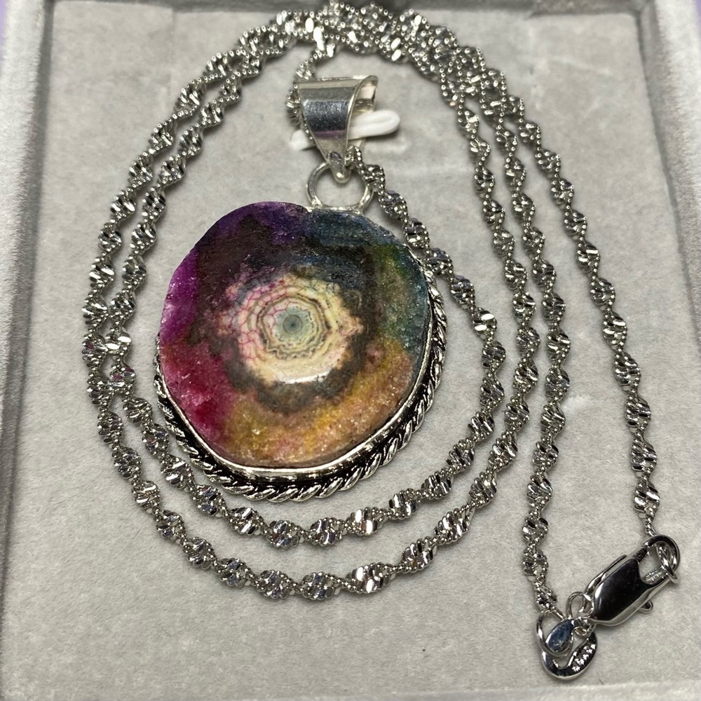 RAINBOW SOLAR QUARTZ PENDANT IN 925 STERLING SILVER W/ 14K WG PLATED CHAIN